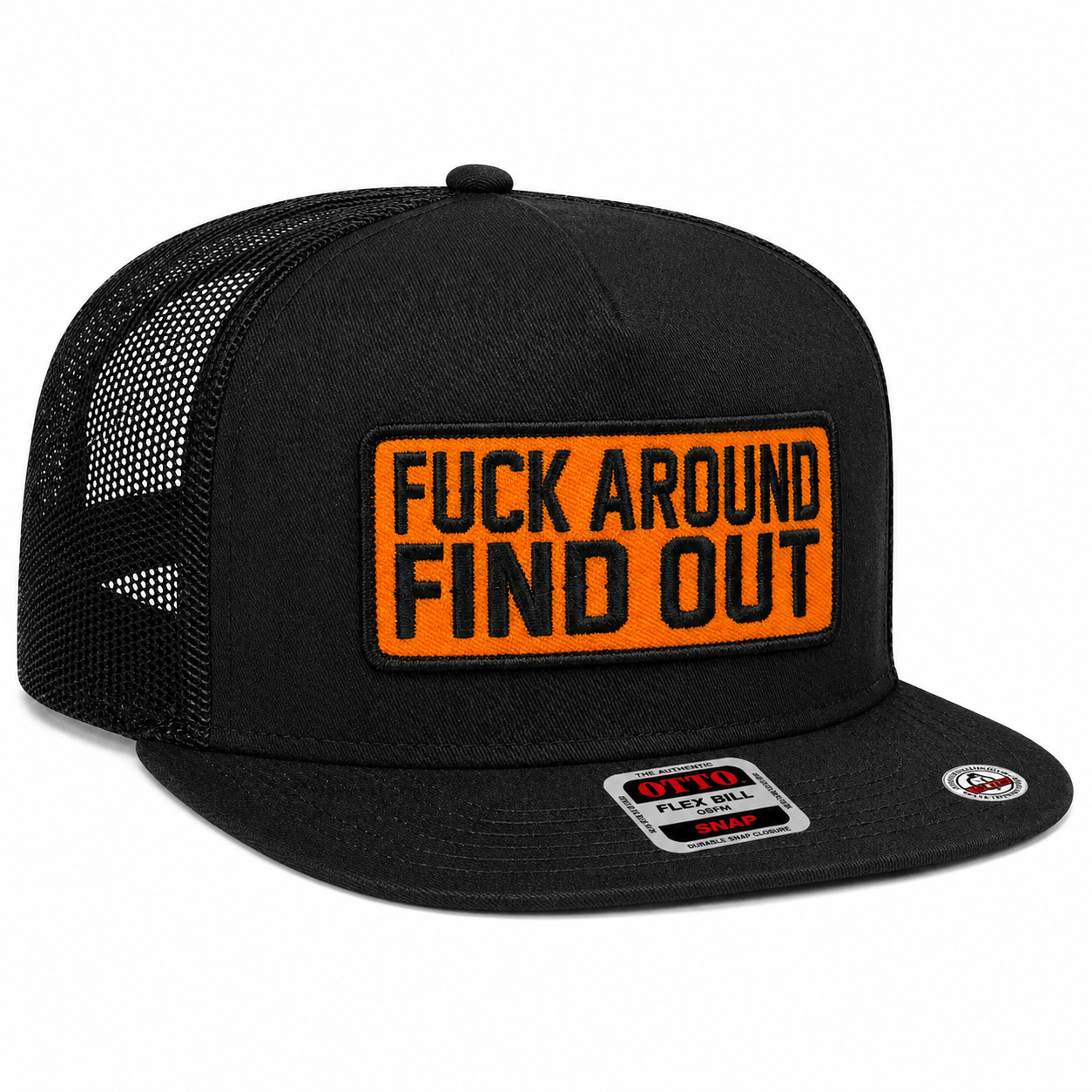 Black trucker cap with orange and black text on a white background